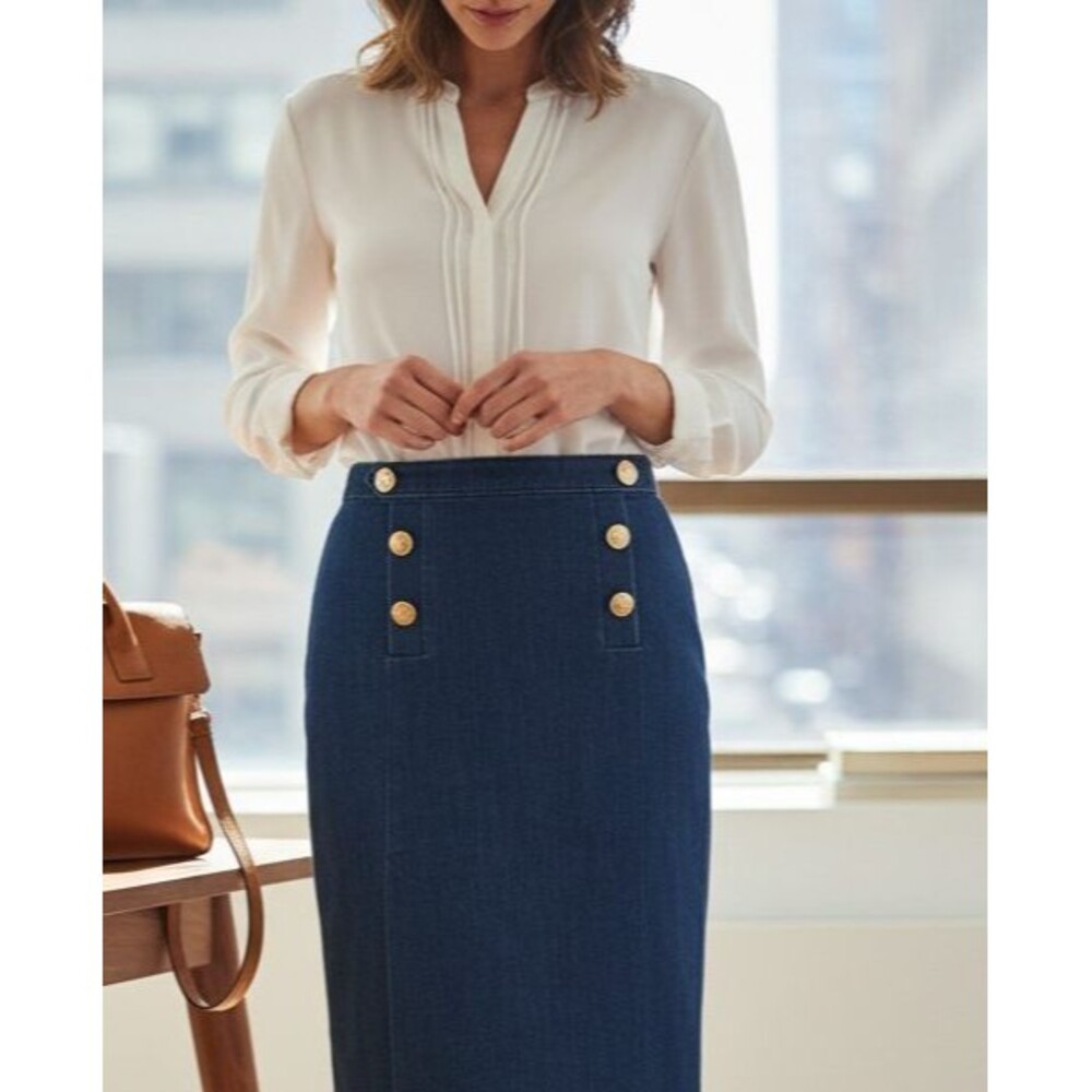 DESIGNER OCHIRLY BLUE DENIM GOLD TONE BUTTON DETAIL SLIT FRONT PENCIL SKIRT S